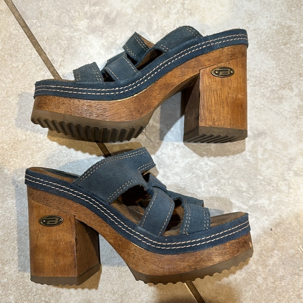 Vintage Y2K Bongo Blue Suede Platform Wood Heeled Sandals 6 Miles - Picture 7 of 8